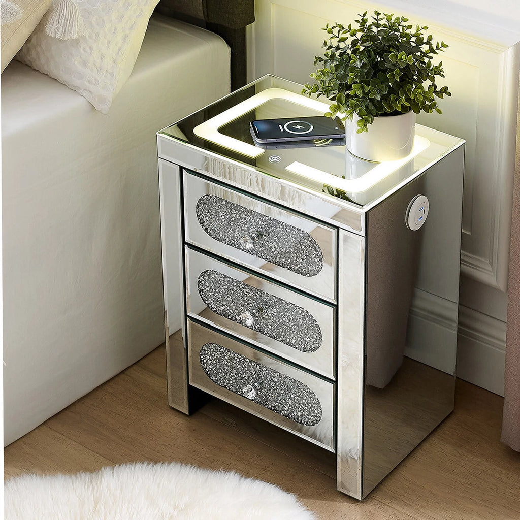 3 Drawer Mirrored Nightstand with Wireless Charging Station I112