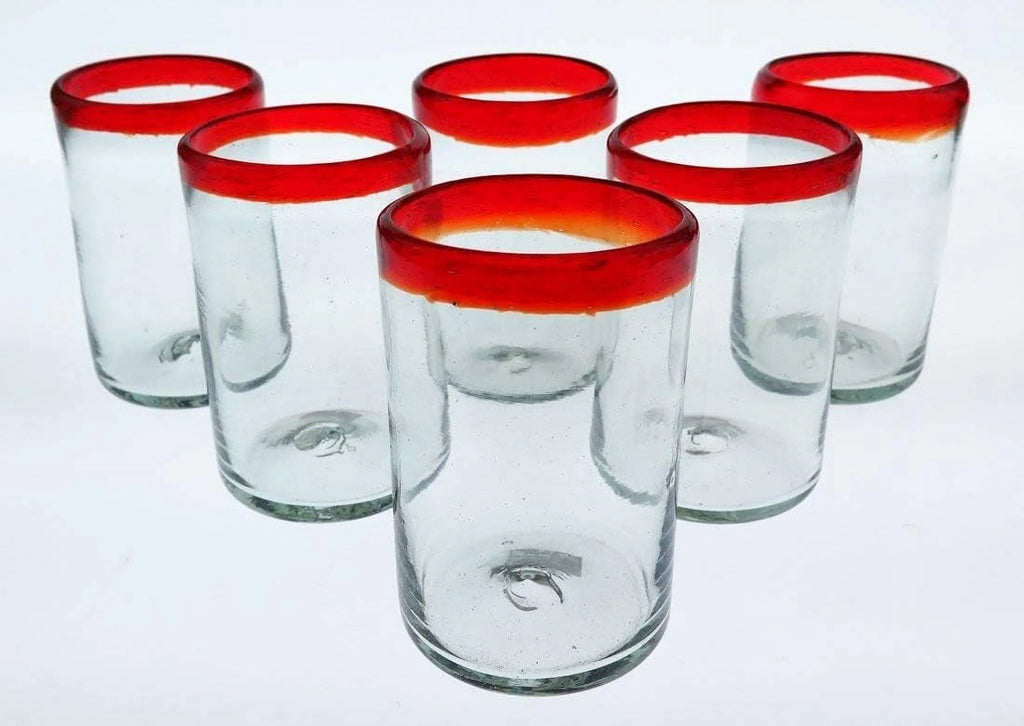 Hand Blown 16 Oz Set Of 6 Mexican Glass Red Rim P18557