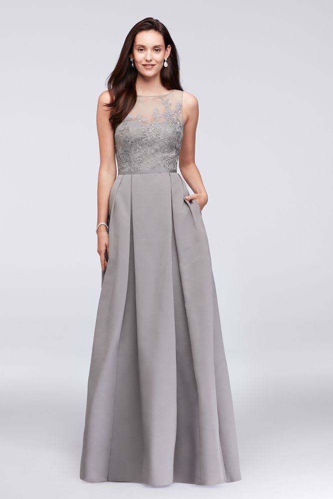 Silver Appliqued Illusion Faille Bridesmaid Dress R59285
