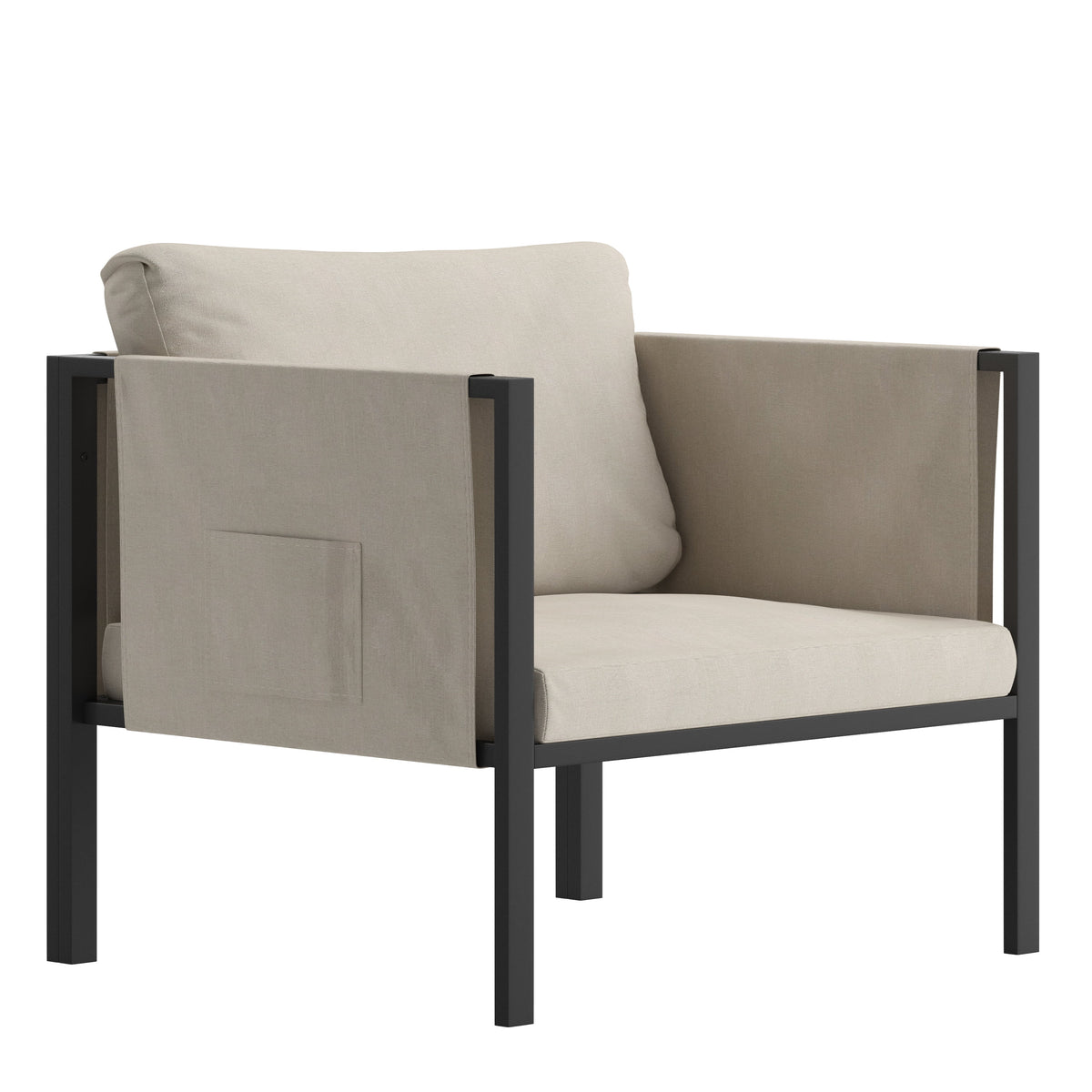 Black Steel Framed Club Chair with Beige Cushions and 2 Storage Pockets H7670