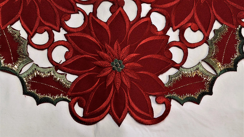 Christmas Table Runner with Red Cutwork Poinsettias, 34 x 15 inches T278