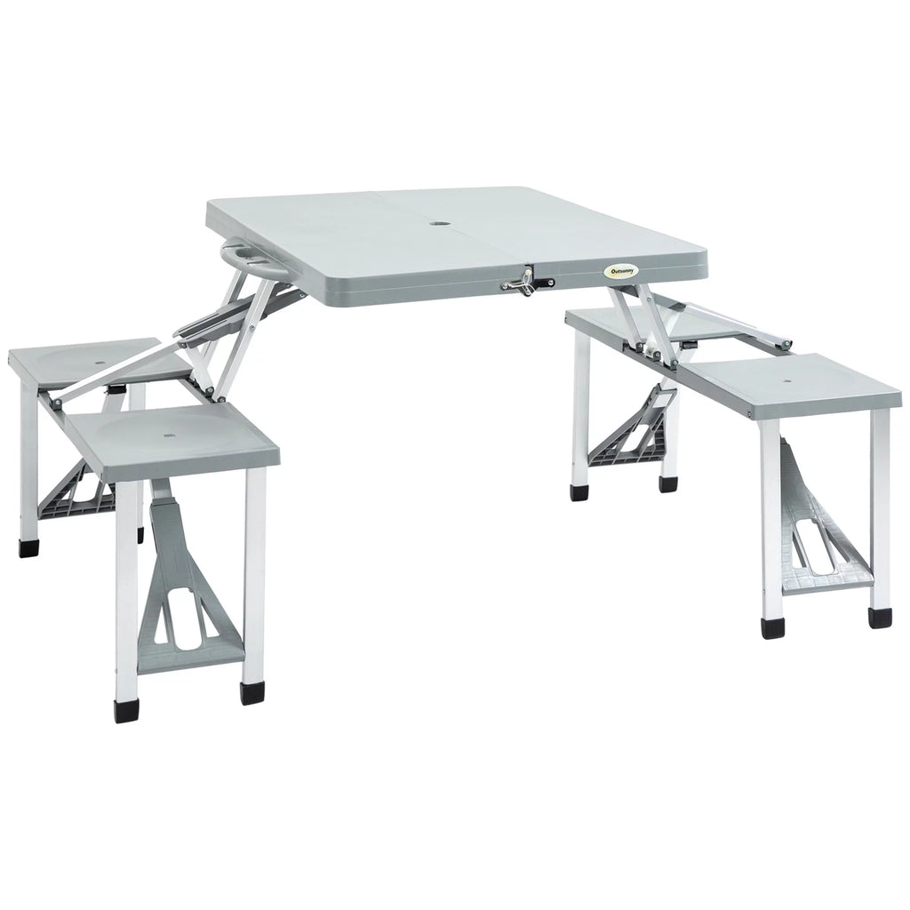 Blue 4-Person Foldable Camping Picnic Table with Seats and Umbrella Hole F138