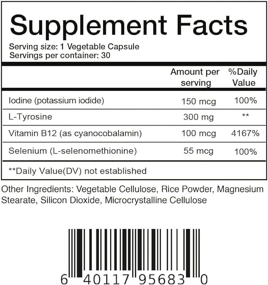 Thyroid Support Supplement with Iodine, L-Tyrosine, Vitamin B12, Selenium - 30 Vegetable Capsules U389