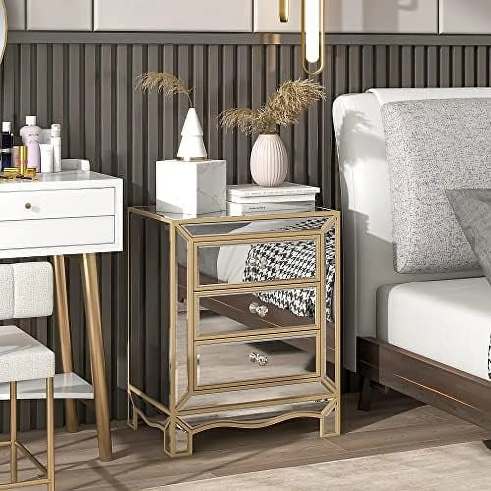 Mirrored Nightstand Bedside Table 3-Drawer Accent End Tables D3805