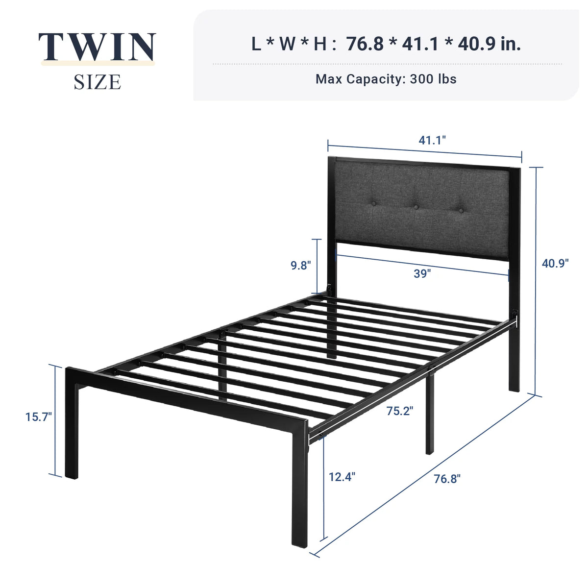 Twin Metal Platform Bed with Fabric Tufted Headboard and Under-Bed Storage M152