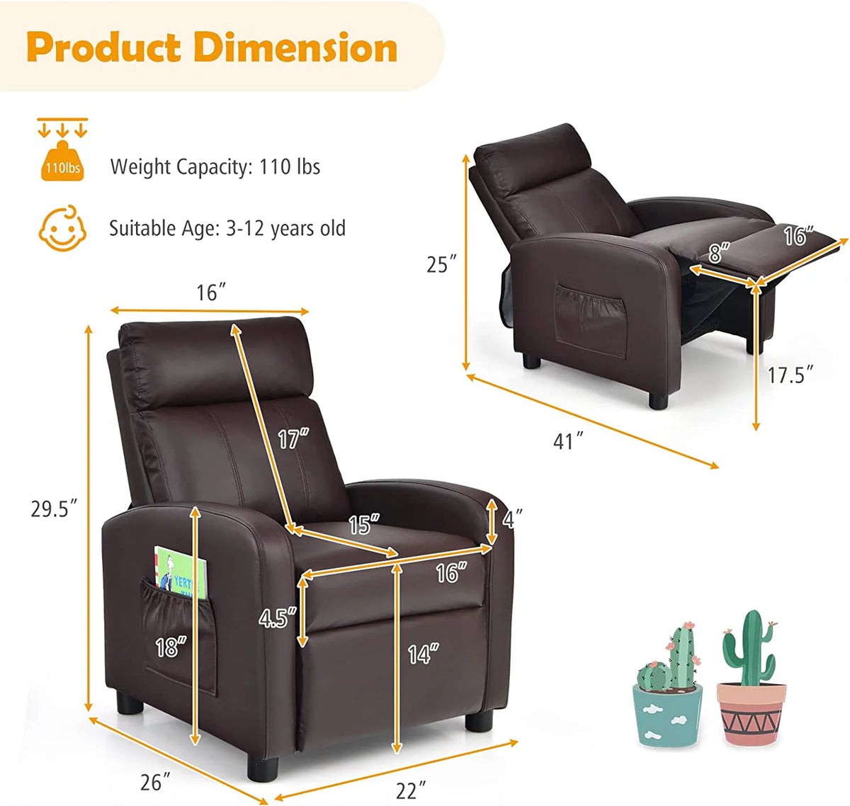 Adjustable PU Leather Kids Recliner with Footrest Y35183