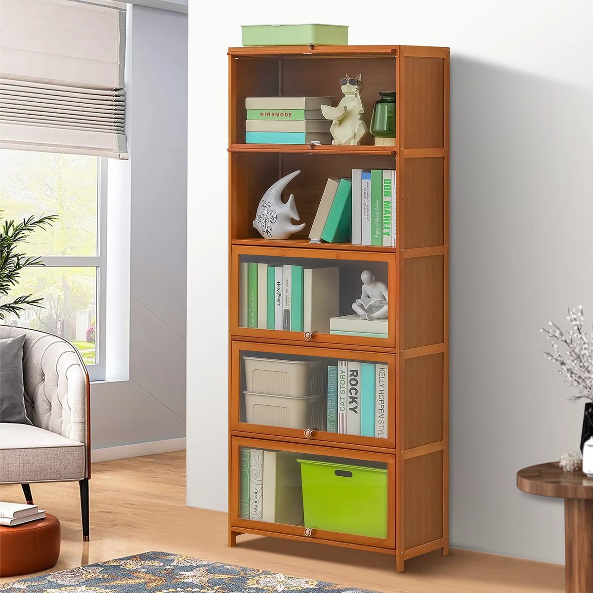 Bamboo Acrylic 5 Shelves Bookcase with Door T341896