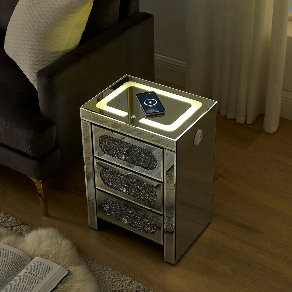 3 Drawer Mirrored Nightstand with Wireless Charging Station I112