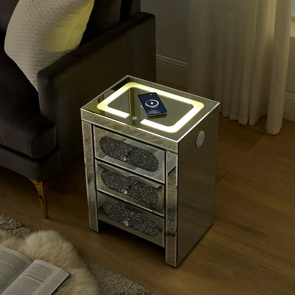 3 Drawer Mirrored Nightstand with Wireless Charging Station I112