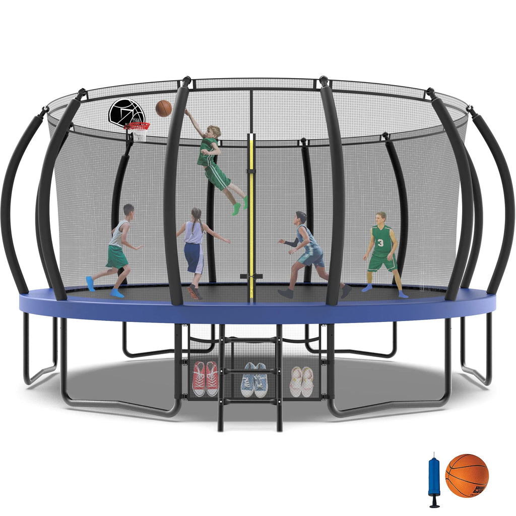 16FT Trampoline with Enclosure, Basketball Hoop, Shoes Bags R357