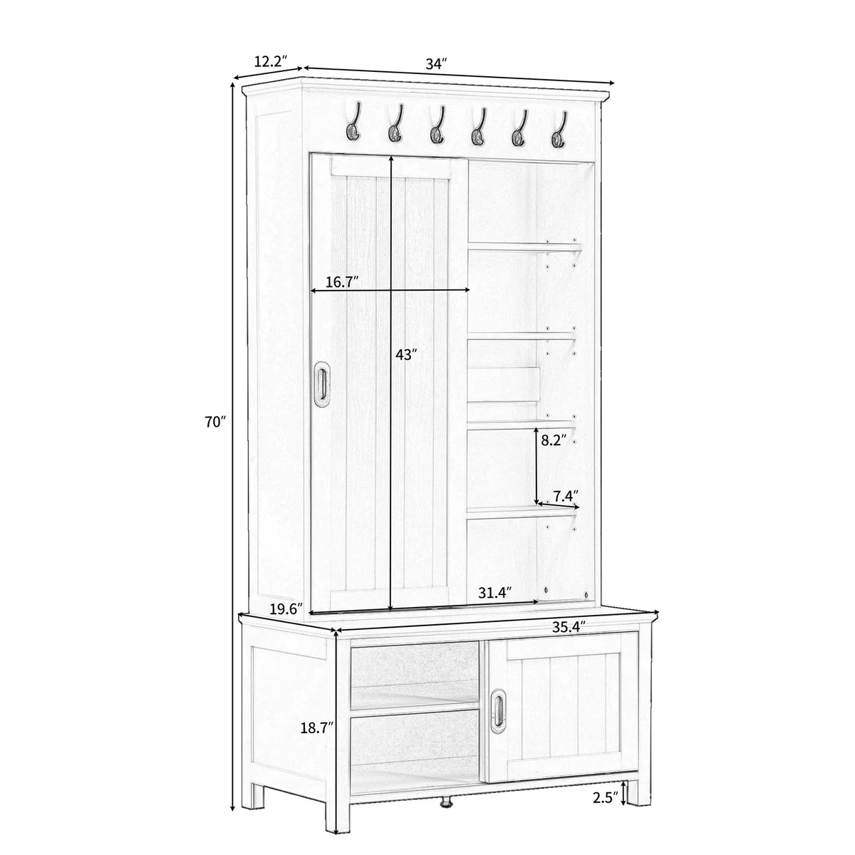 Black Wooden Hall Tree with Bench and Shoe Storage X1396