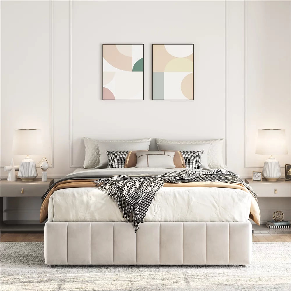 Beige Upholstered Storage Bed with 4 Drawers U333