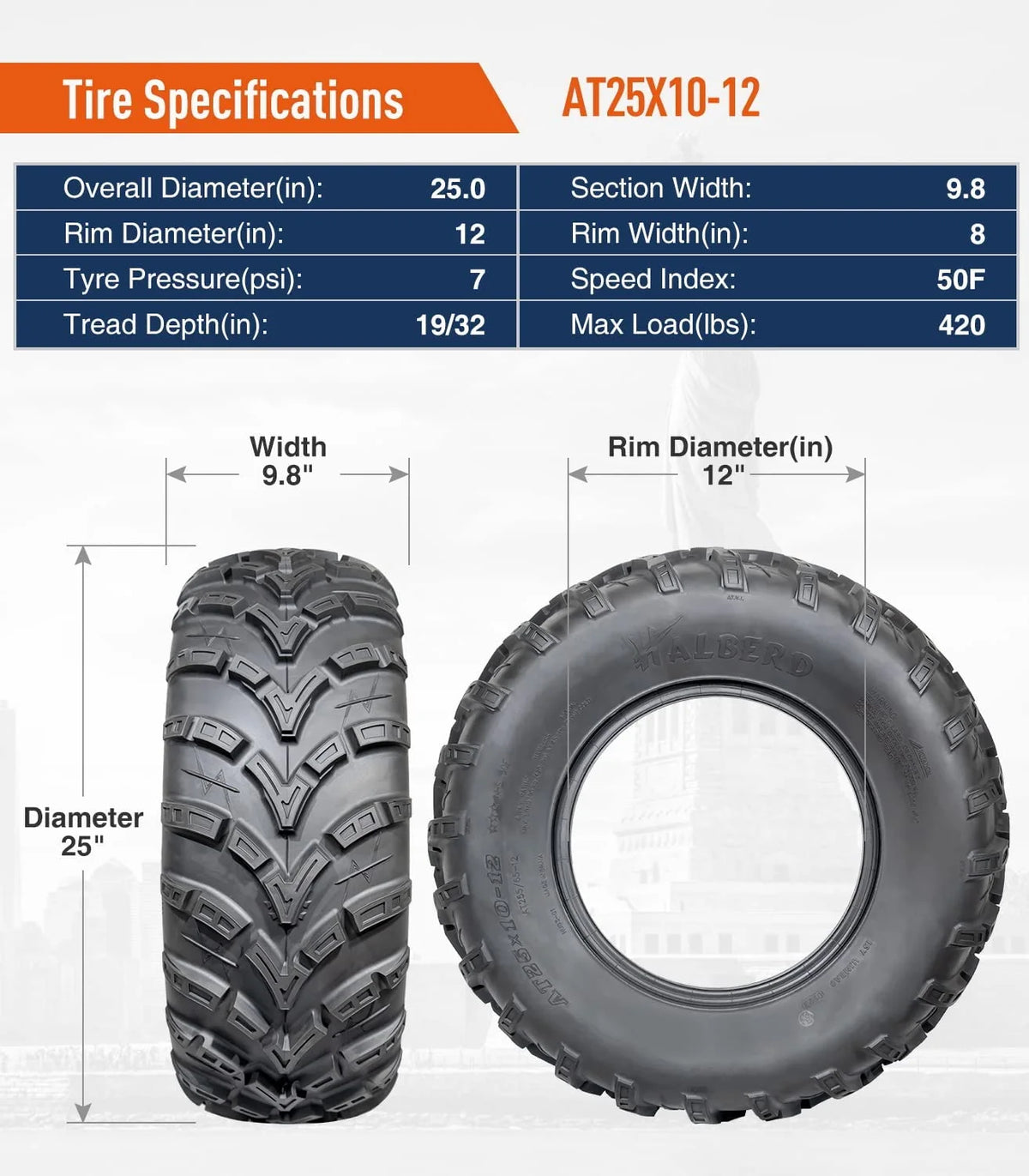 25x8-12 Front & 25x10-12 Rear All Terrain Tires Set of 4 J501