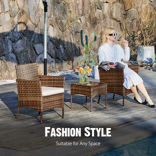 3 Pieces Wicker Rattan Patio Furniture Set with Cushion and Glass Table C818986