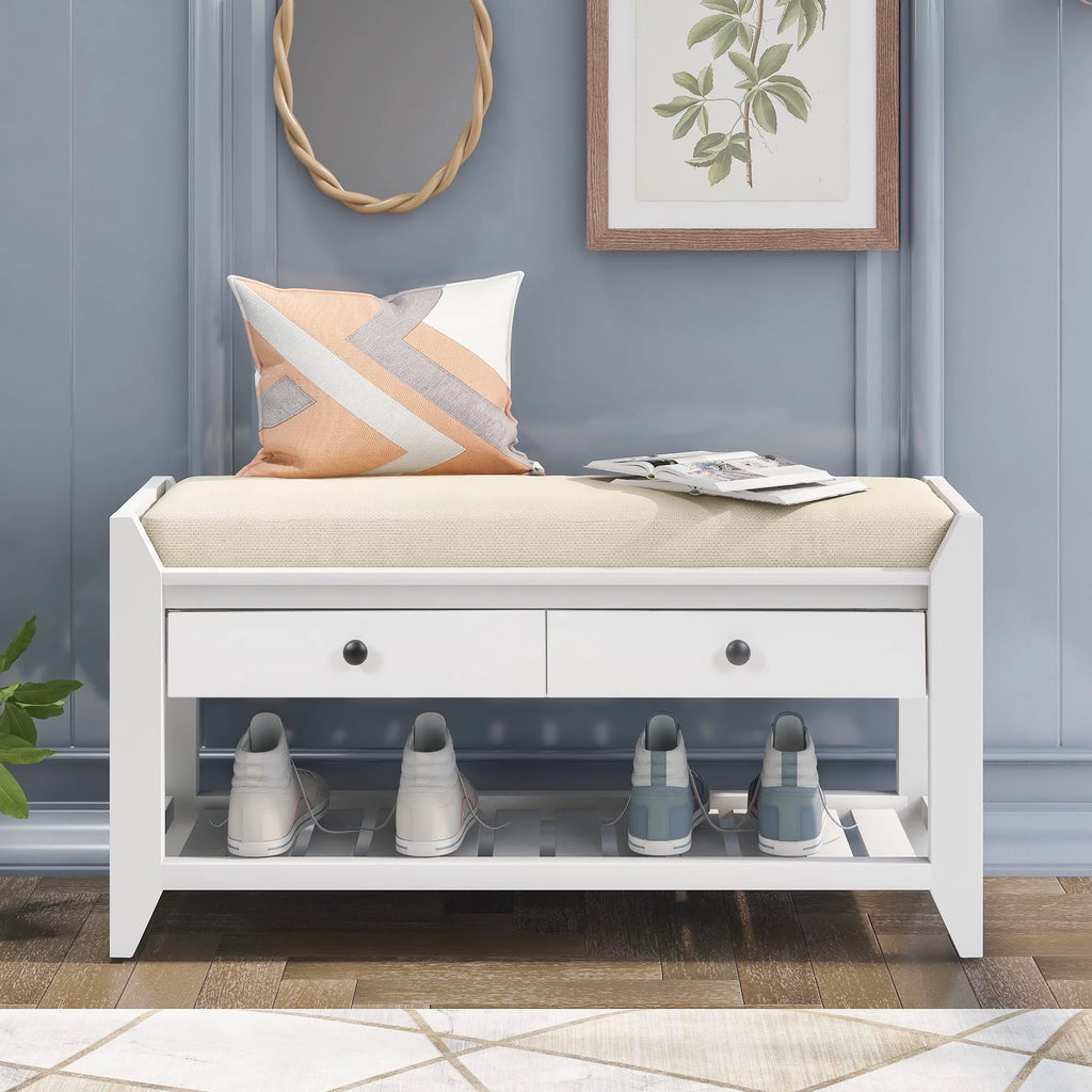White Shoe Rack with Cushioned Seat and Drawers R30156