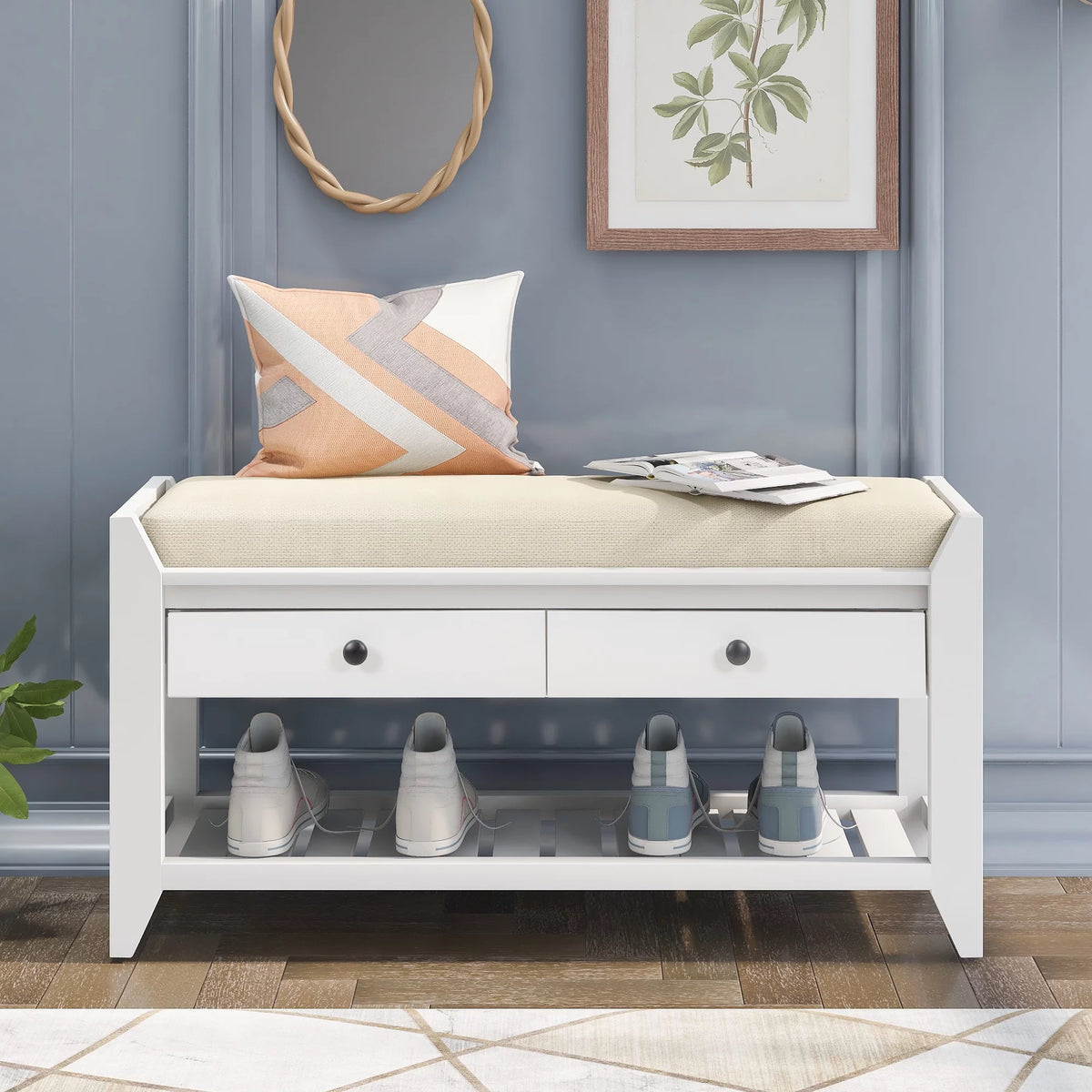 White Shoe Rack with Cushioned Seat and Drawers R30156