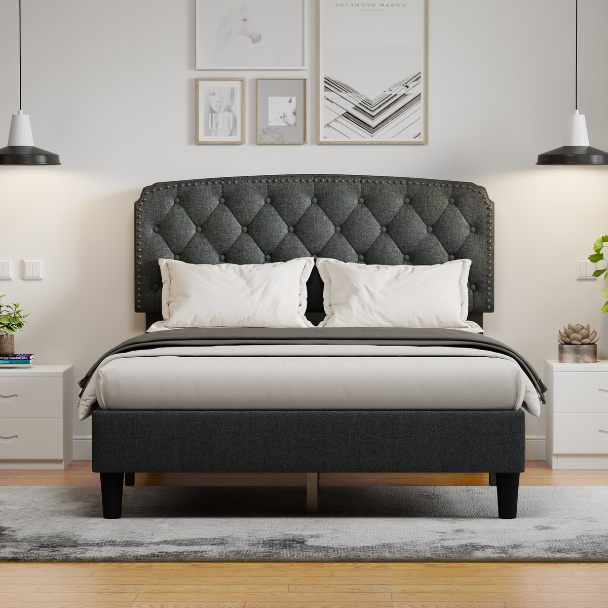 Dark Gray Full Size Adjustable Headboard with Linen Upholstery D2371