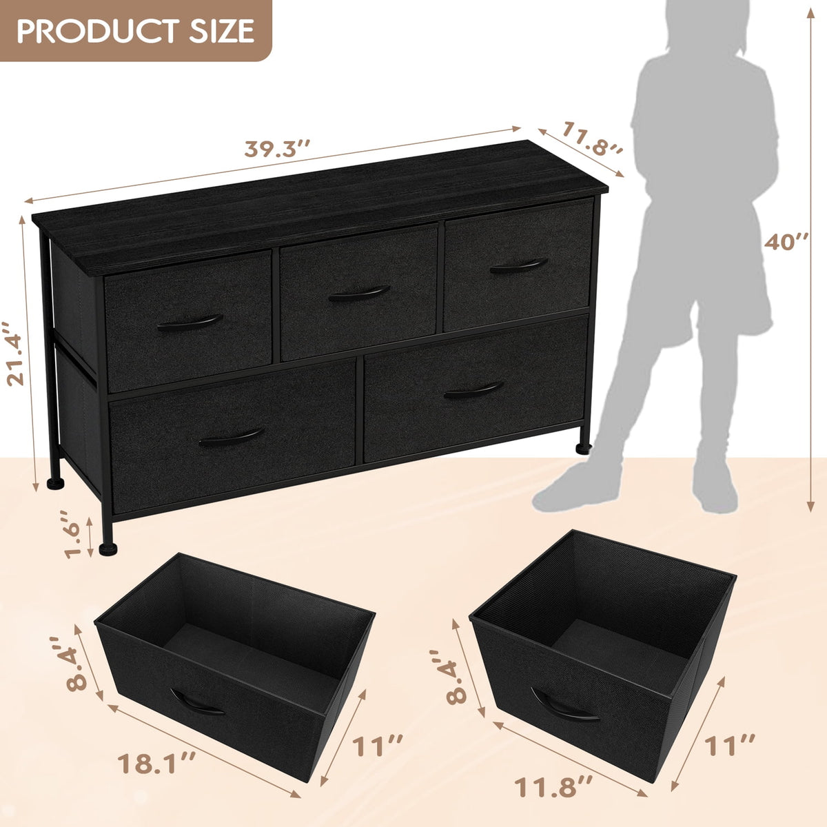 5 Drawer Fabric Dresser with Wood Top V822
