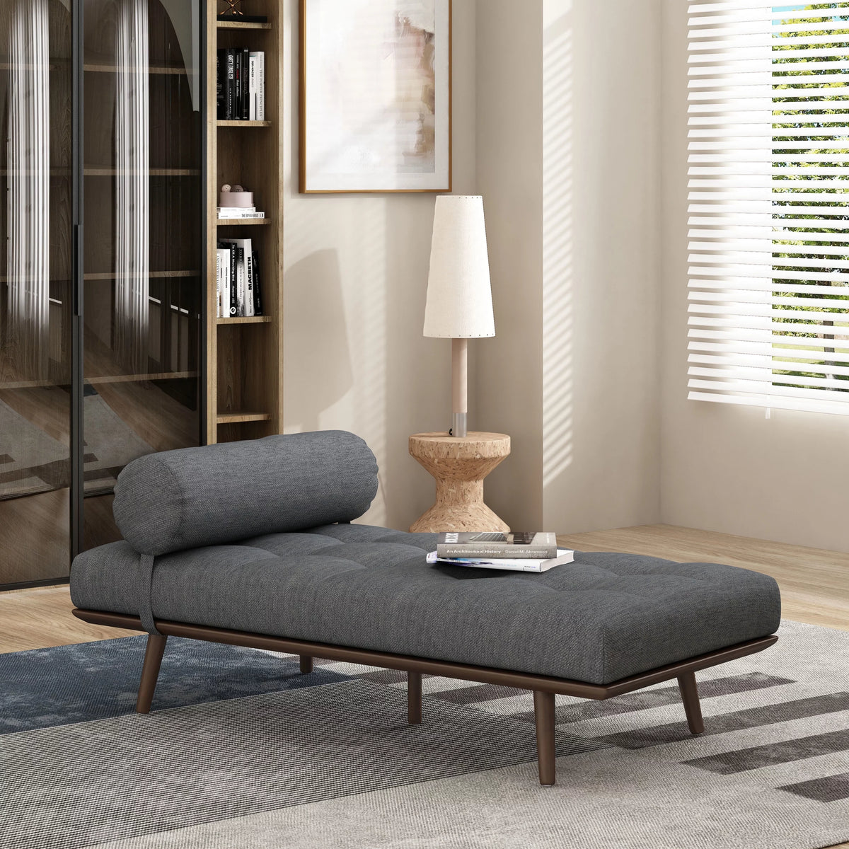 Charcoal Fabric Tufted Chaise Lounge with Bolster Pillow N570
