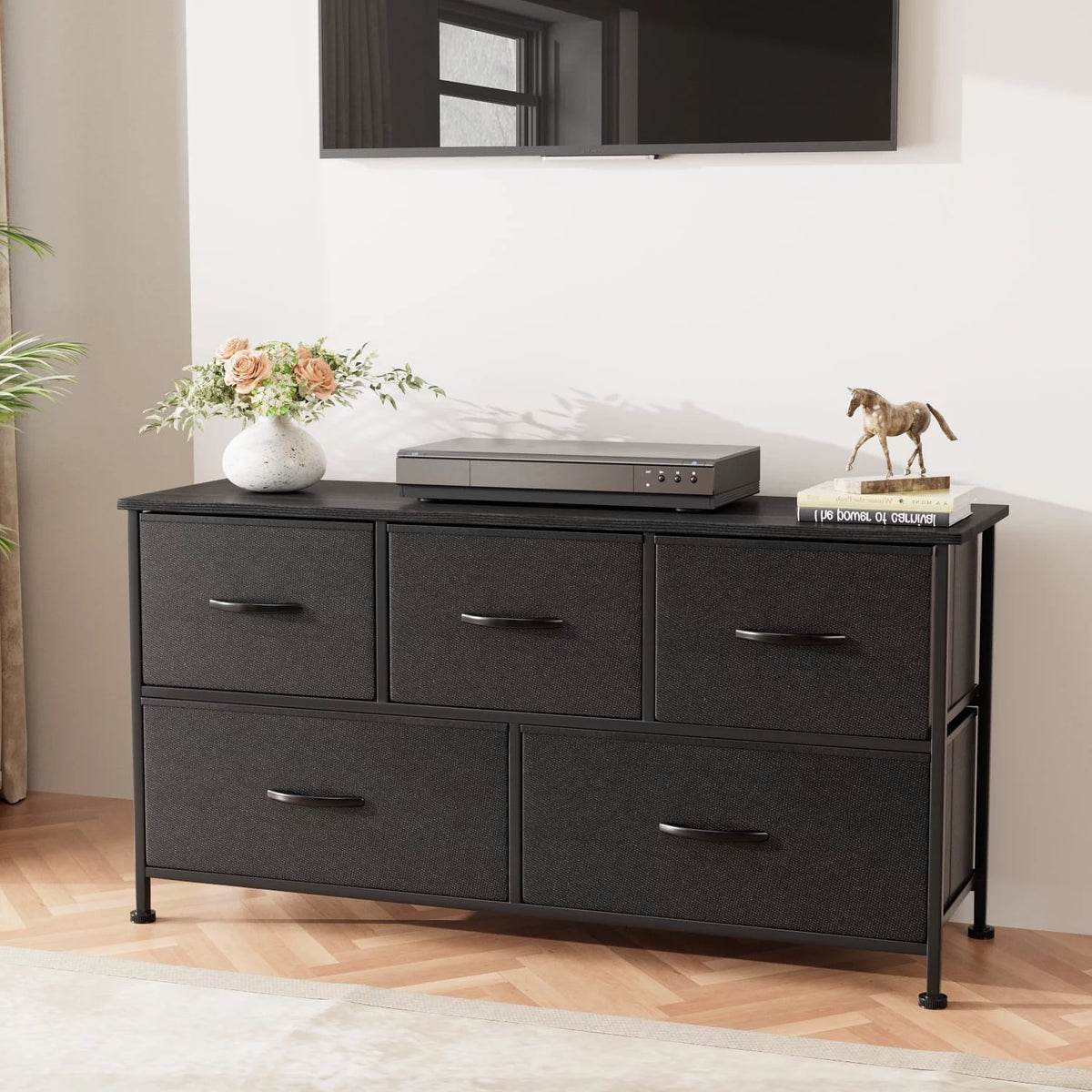 5 Drawer Fabric Dresser with Wood Top V822