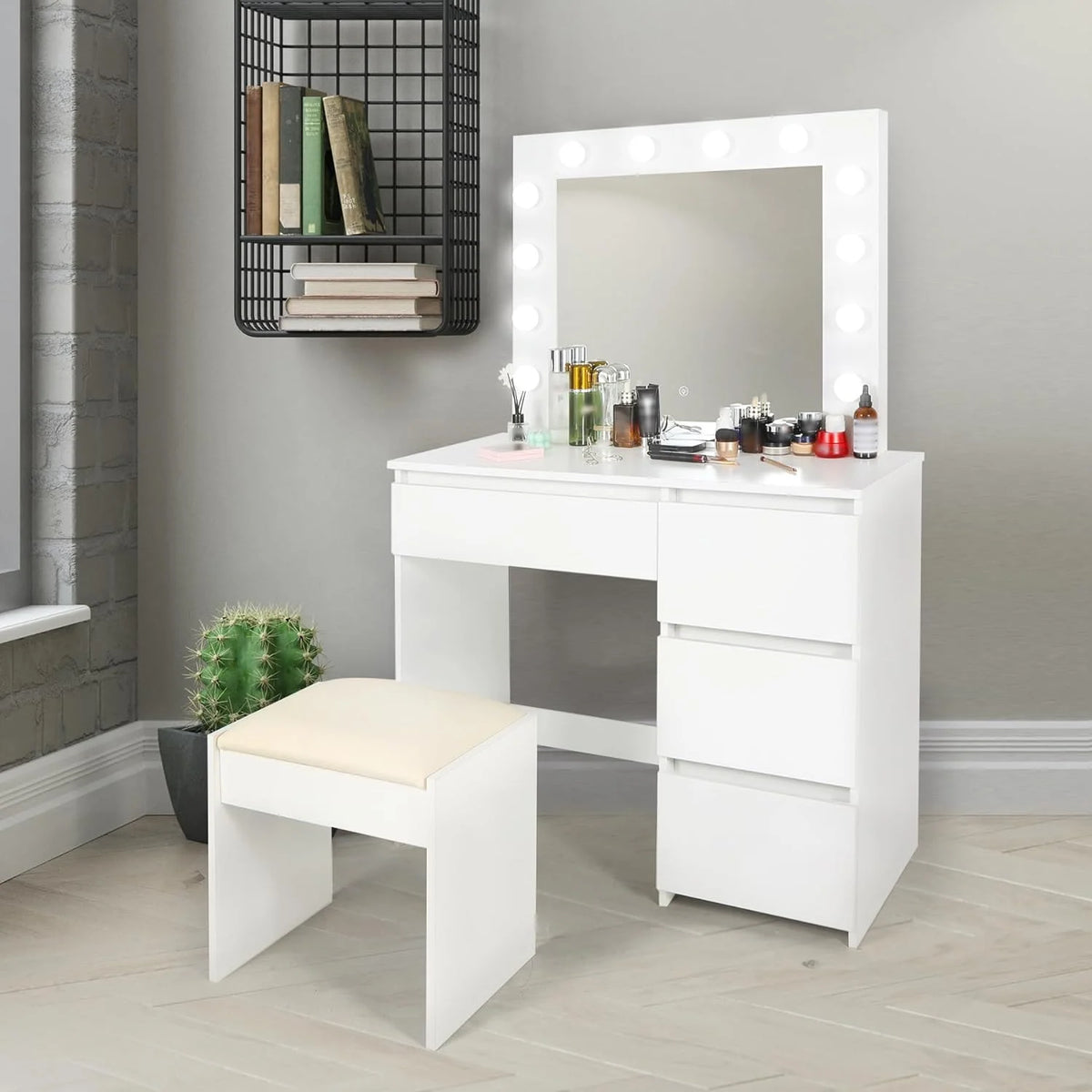 White Makeup Vanity Set with Lights, 4 Drawers and Cushioned Stool T300834