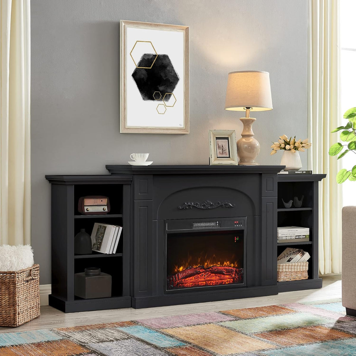 White Electric Fireplace with Mantel and Shelves L395