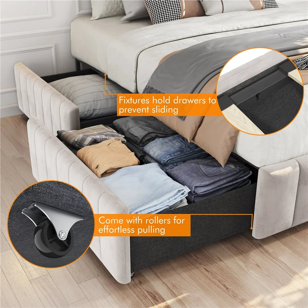 Beige Upholstered Storage Bed with 4 Drawers U333