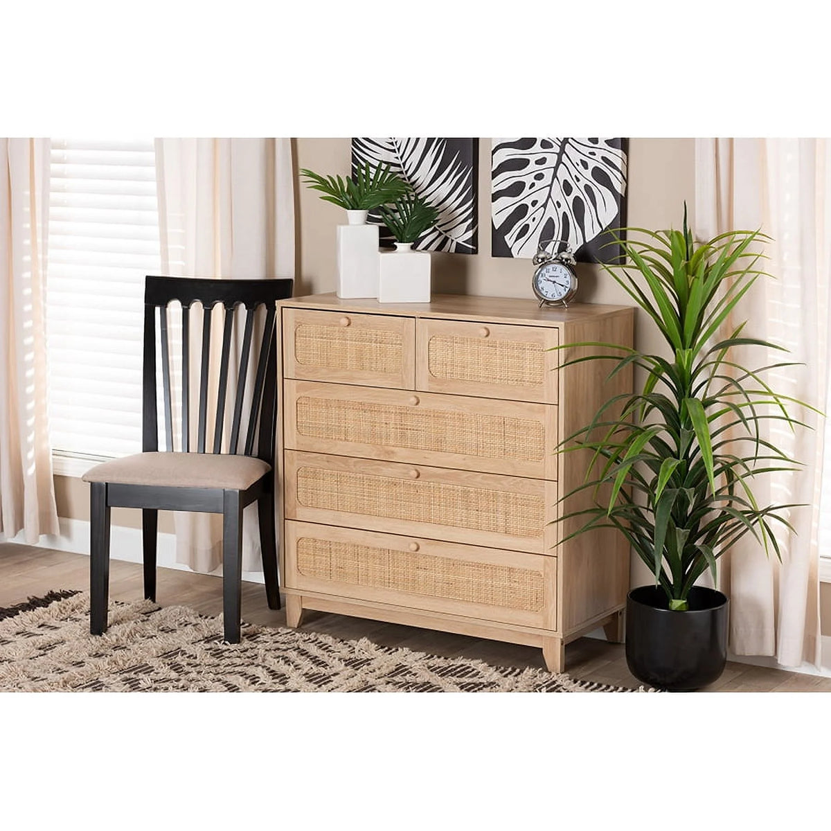 Oak Brown Wood and Natural Rattan 5-Drawer Storage Cabinet B191984