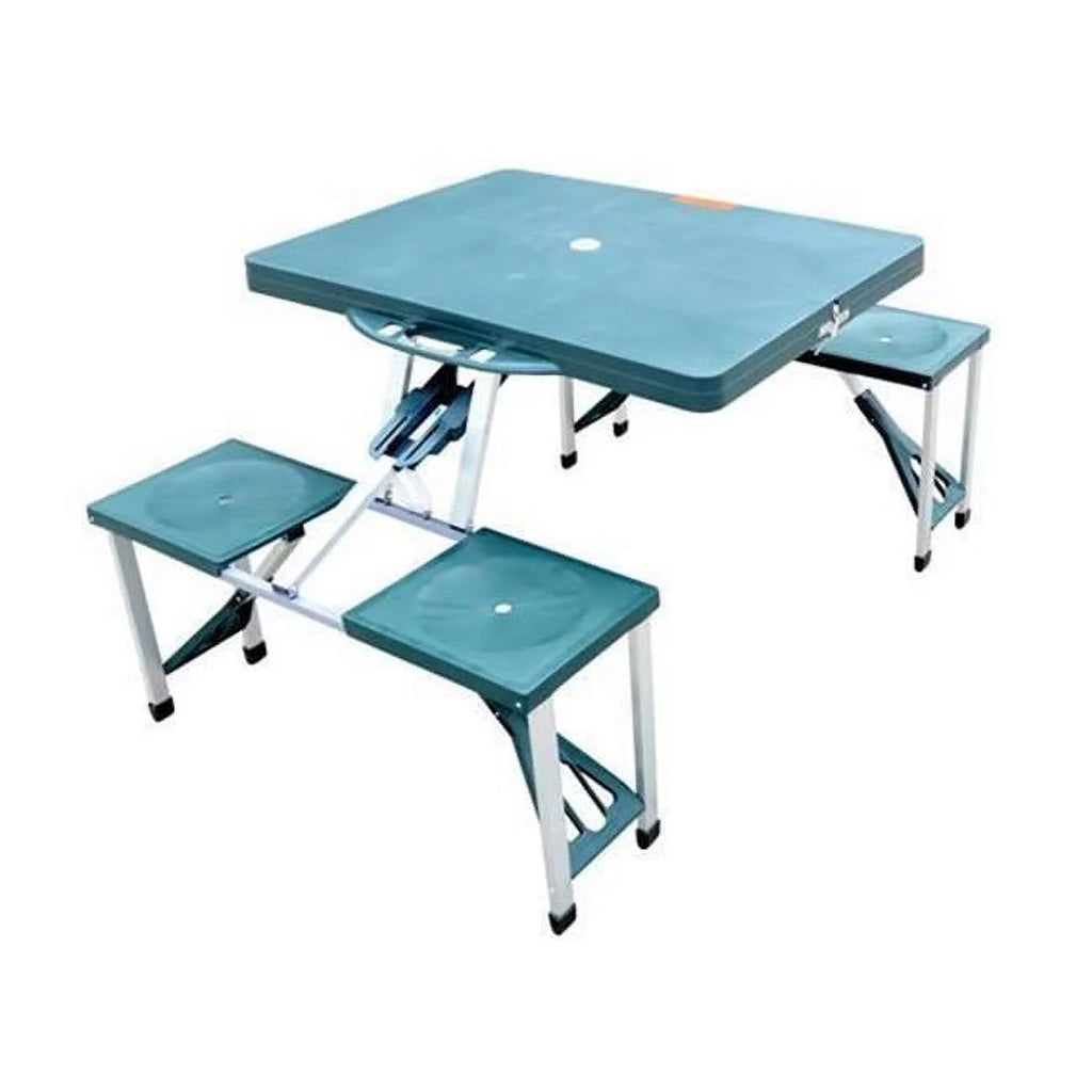 Blue 4-Person Foldable Camping Picnic Table with Seats and Umbrella Hole F138