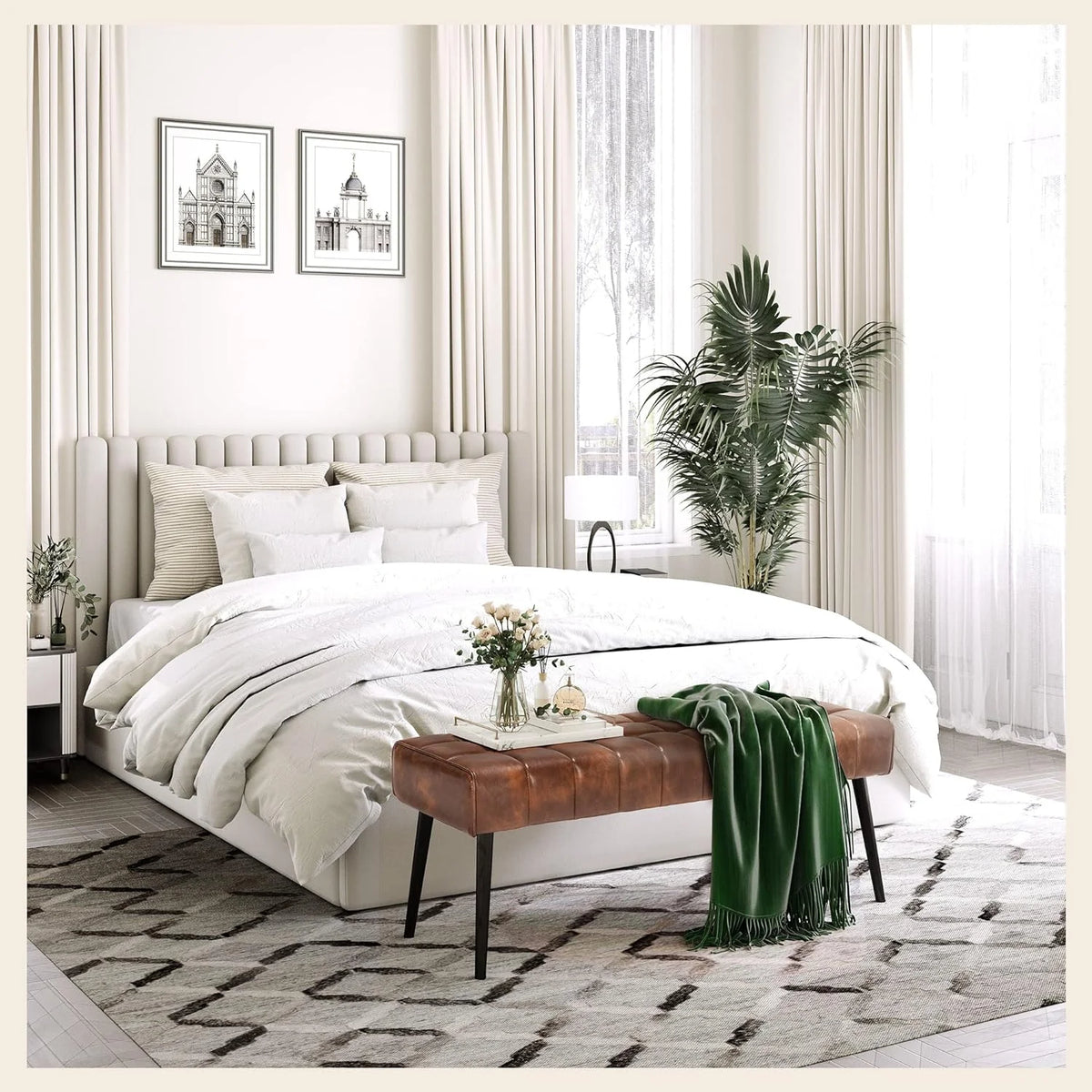 Leather Tufted Upholstered Ottoman Bench with Metal Legs G91159