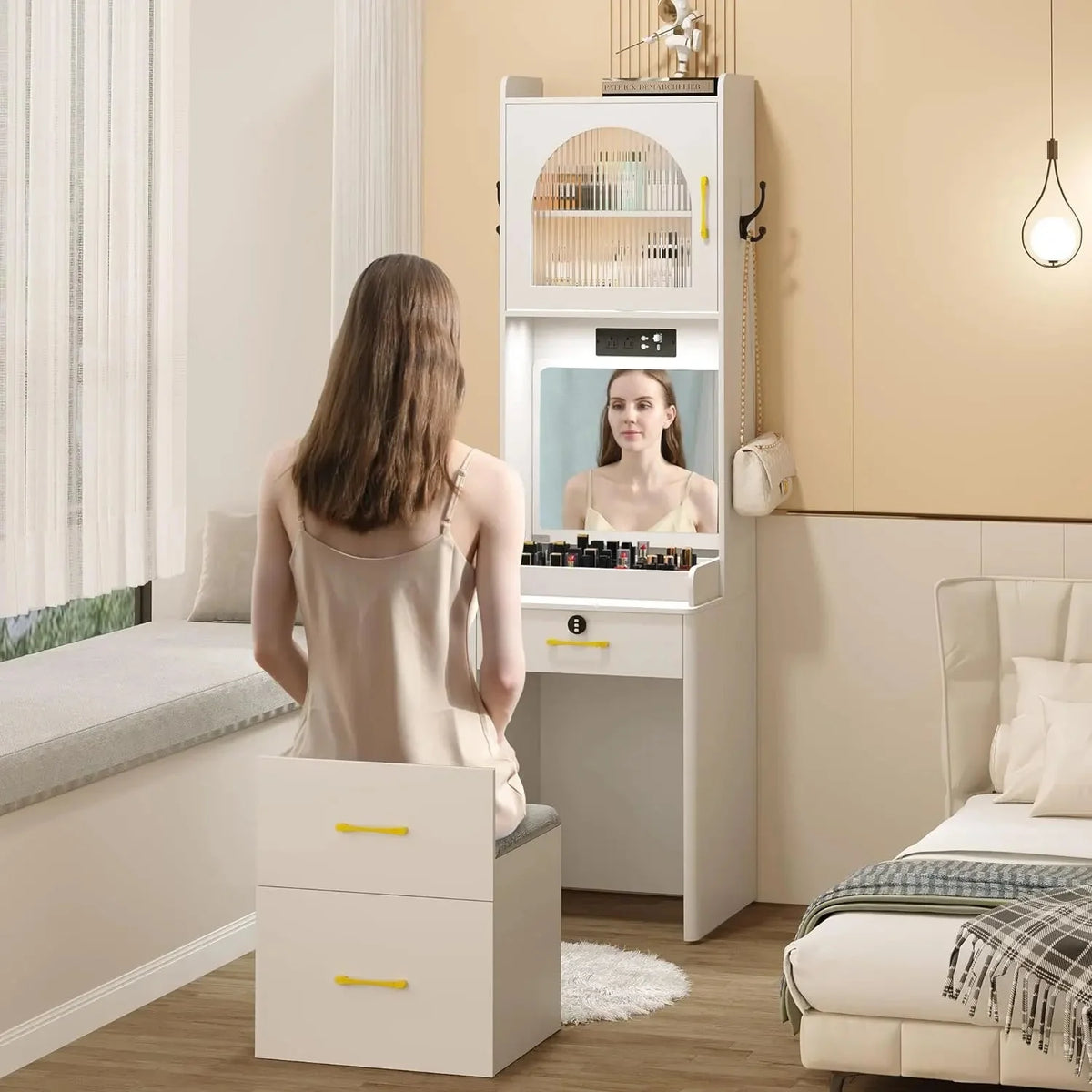 White Small Vanity Desk with Mirror and Lights X80327