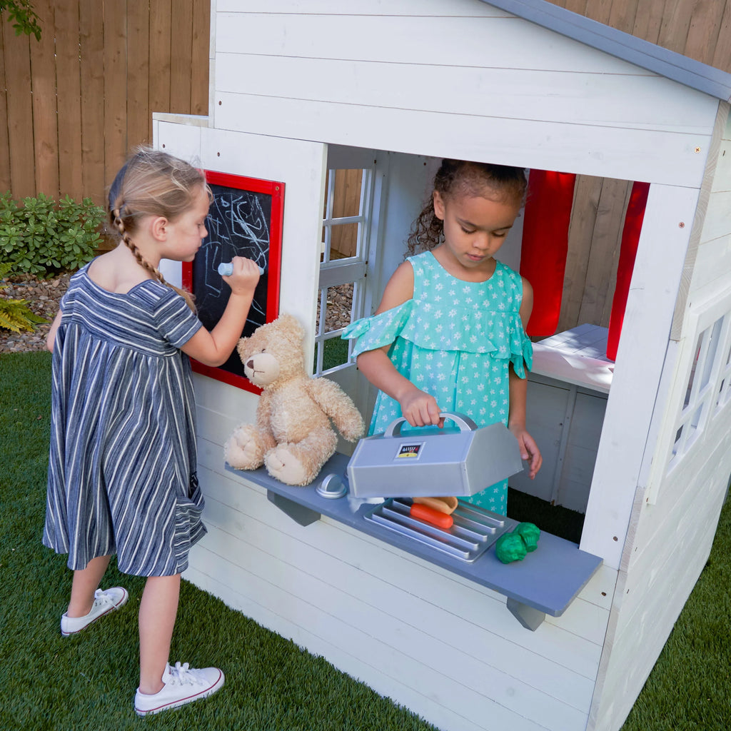 White Wooden Outdoor Playhouse with Picnic Table I6843