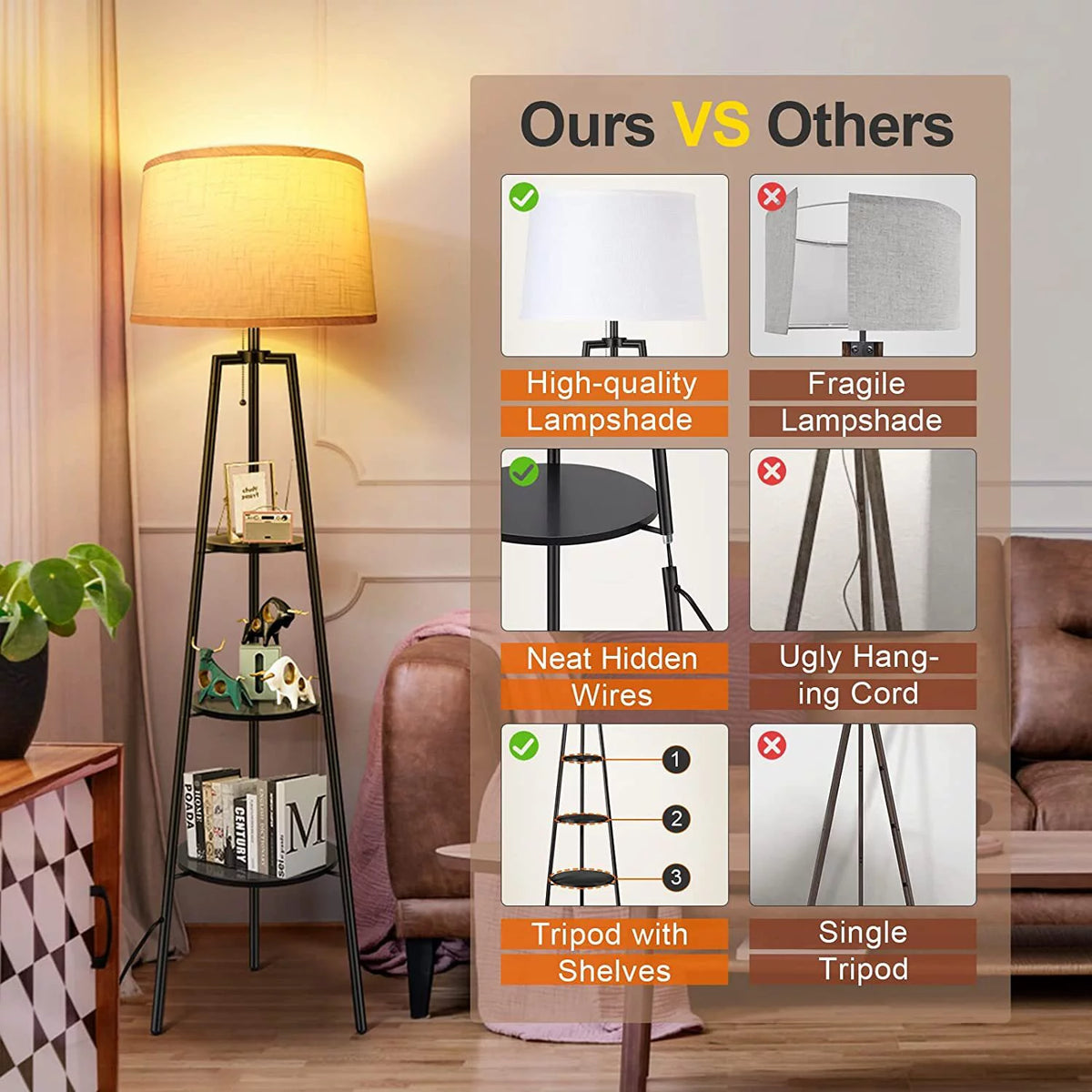 Black Tripod Floor Lamp with Shelves R4678