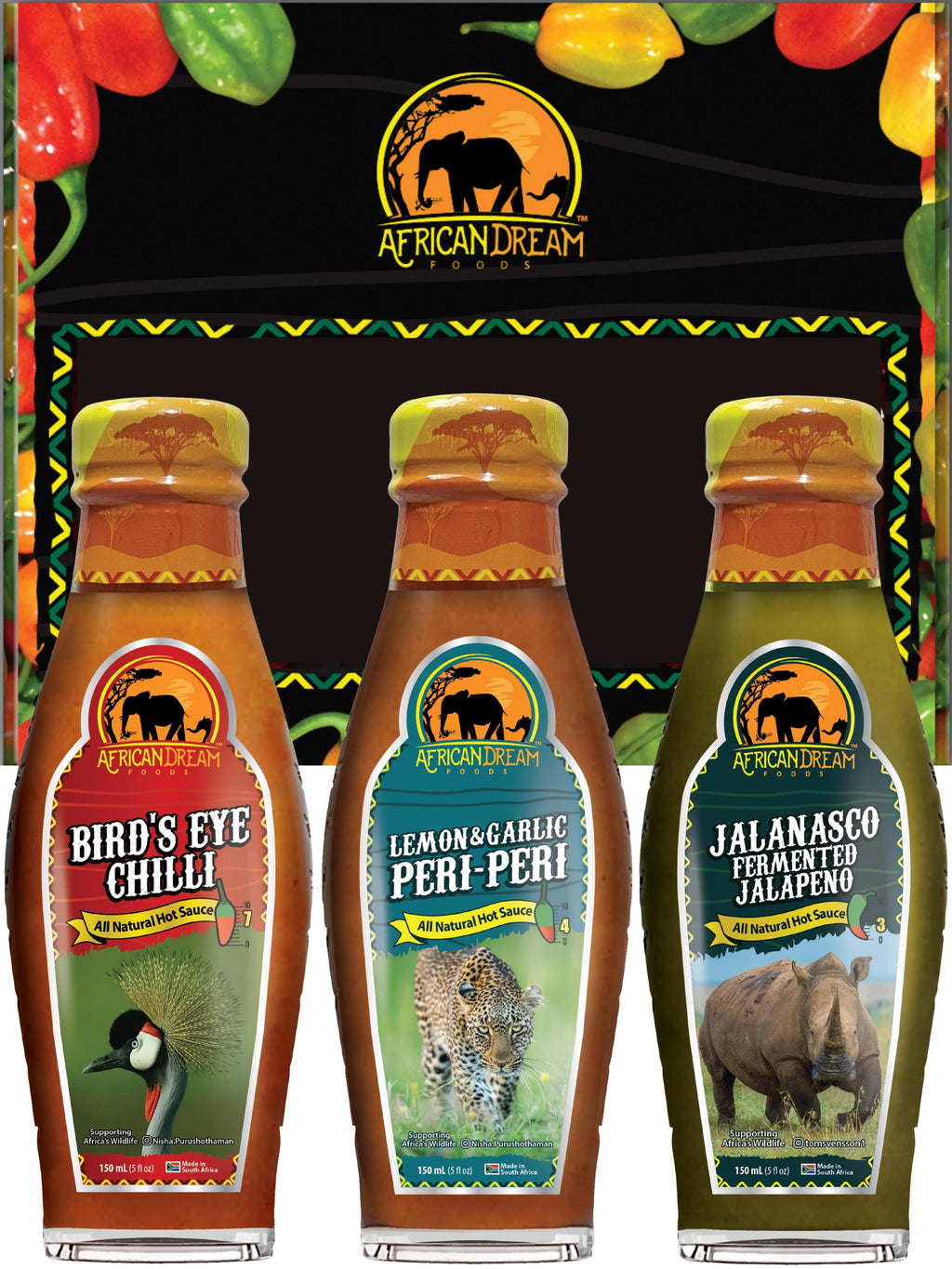 Mild to Spicy Sauce Gift Pack - Fermented Jalapeno, Lemon & Garlic Peri-Peri, Bird's Eye Chili | 5 fl oz Bottles, 3PK P7380