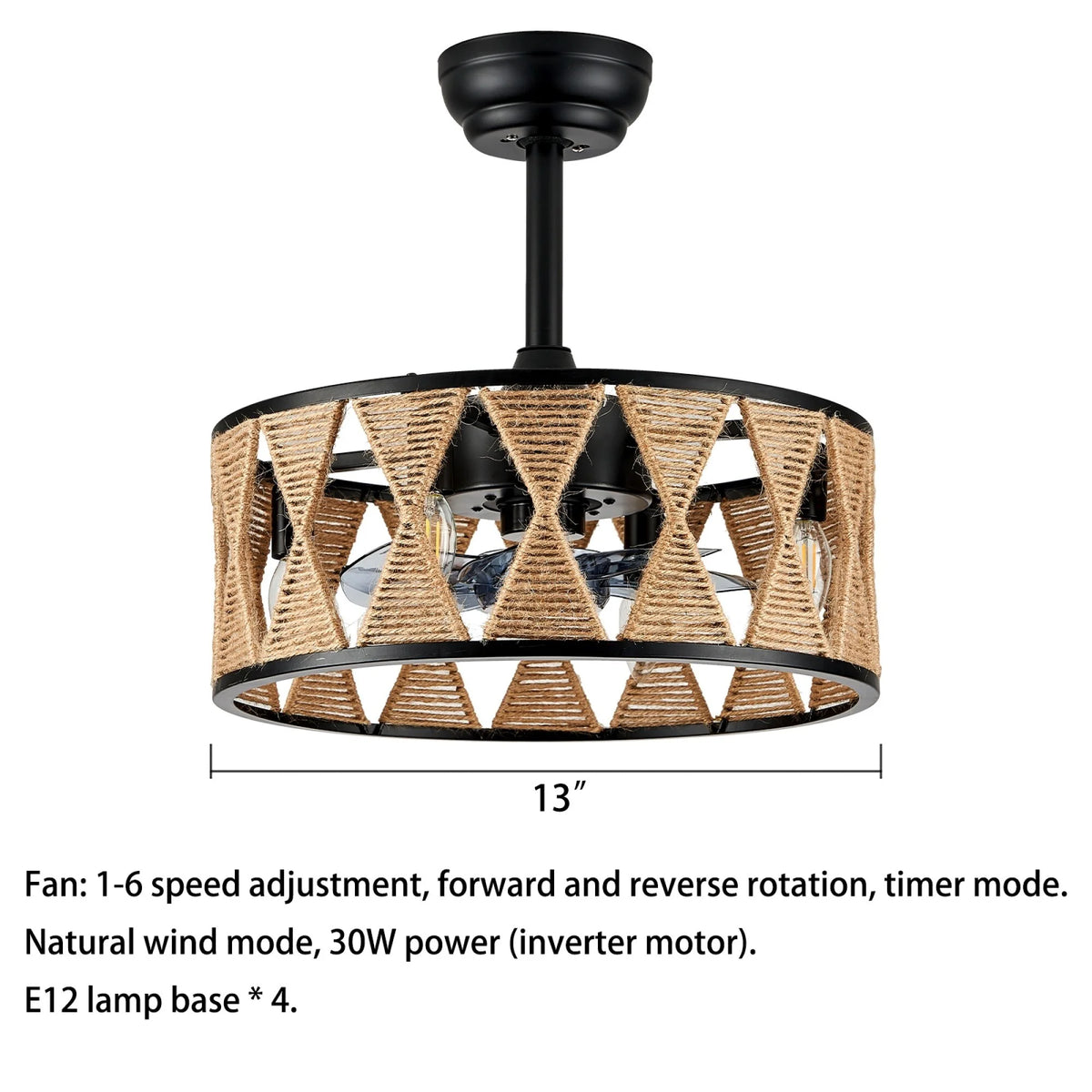 Rustic Caged Ceiling Fan with Lights and Remote V704819
