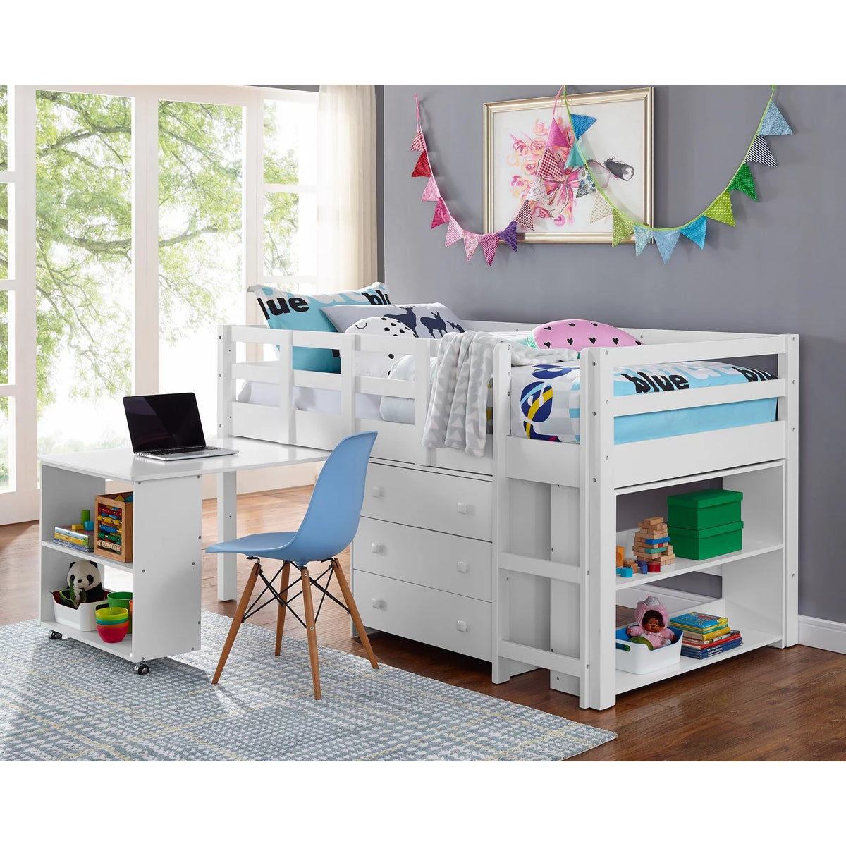 Twin Low Loft Bed with Desk, White E32561