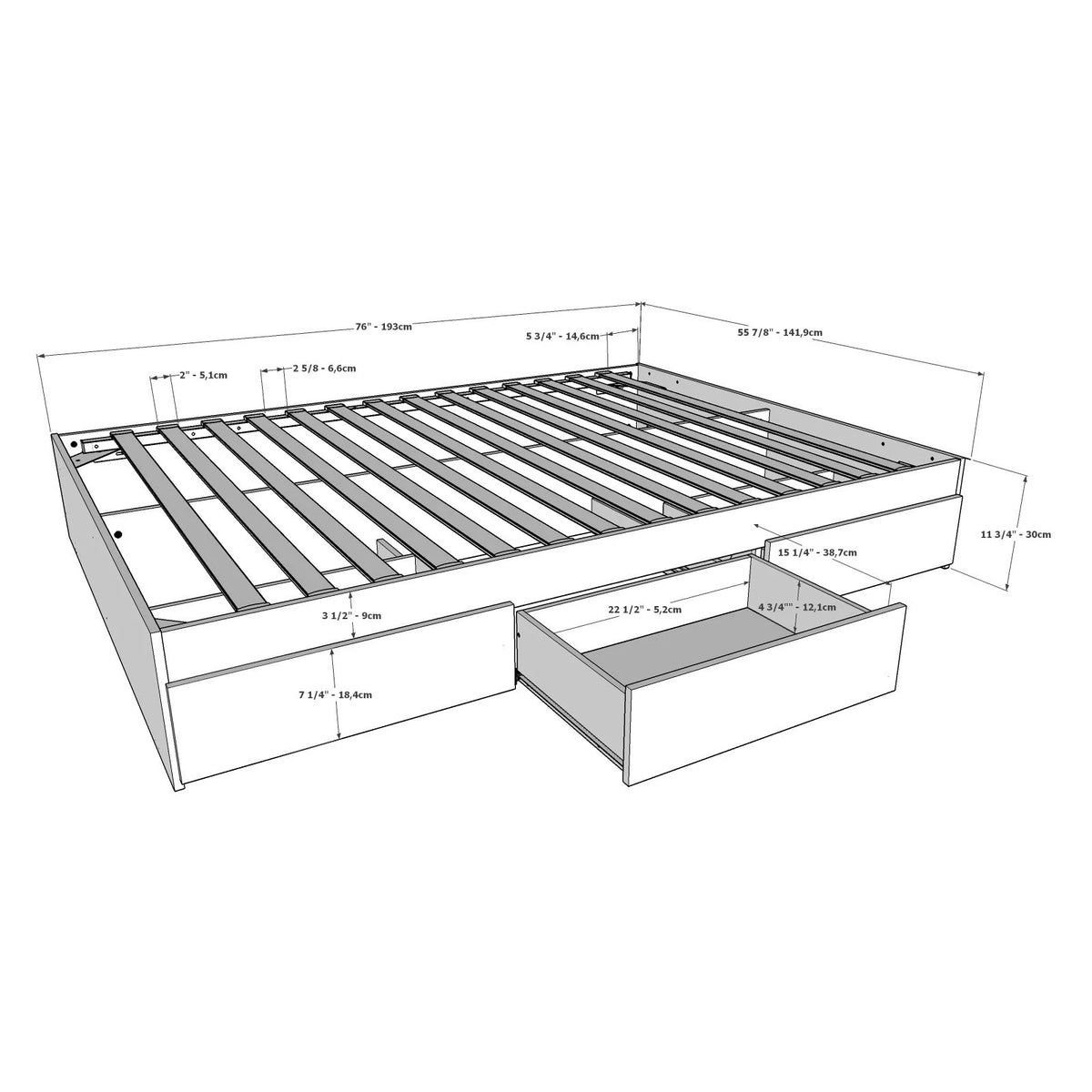 Twin Size Storage Wood Bed Frame with 3 Drawers G3753