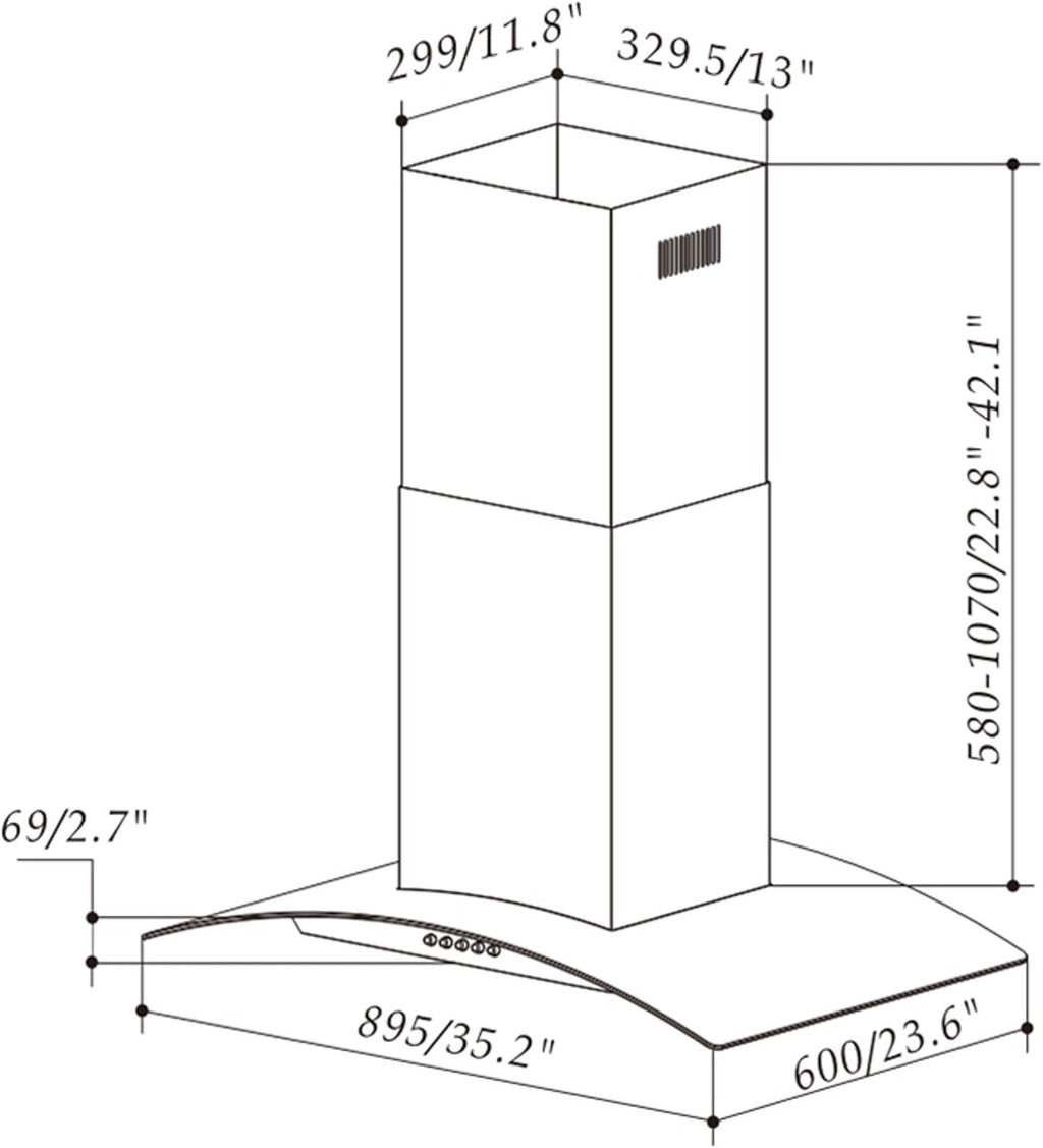 36 in. 343 CFM Convertible Island Mount Range Hood Black Painted Stainless Steel Glass Carbon Filters D891
