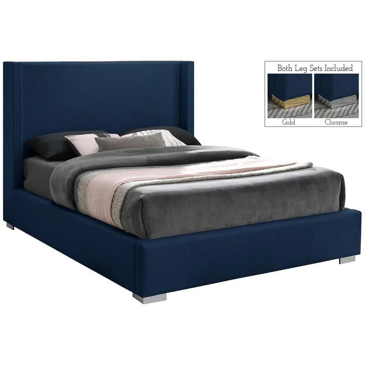 Navy Linen Textured Fabric King Bed Y697669