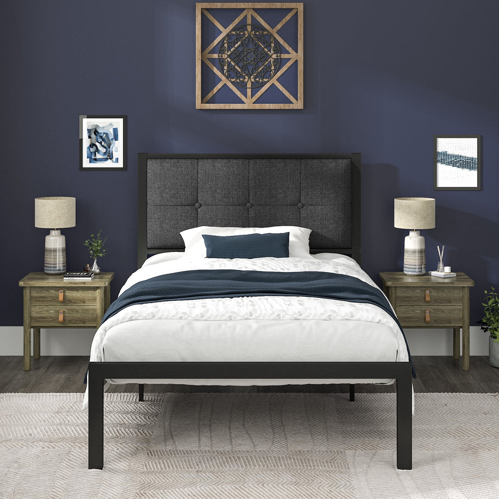 Twin Metal Platform Bed with Fabric Tufted Headboard and Under-Bed Storage M152