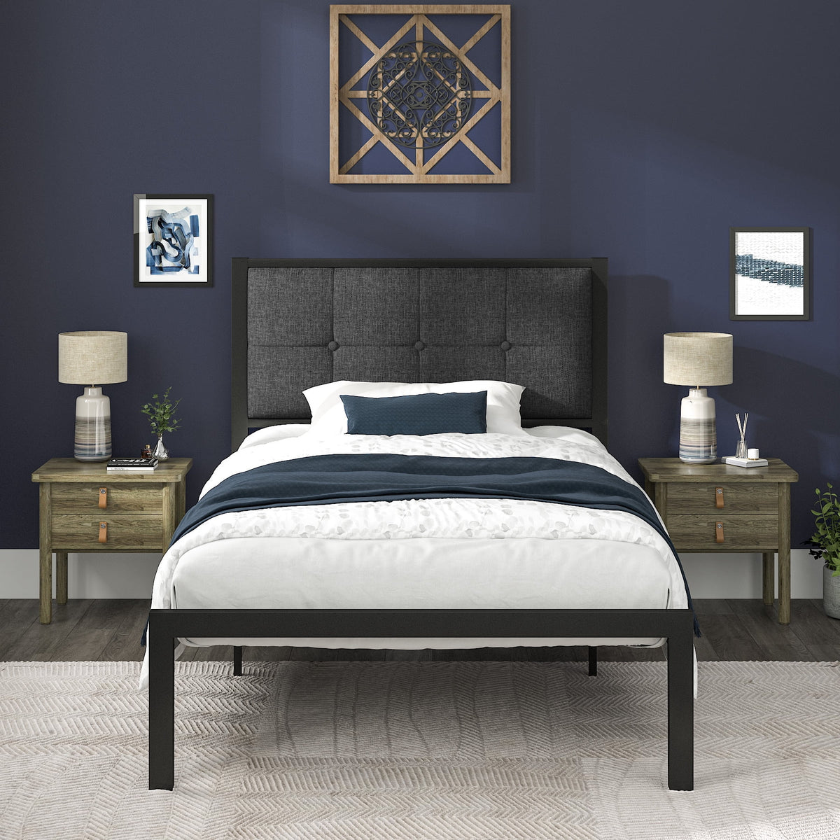Twin Metal Platform Bed with Fabric Tufted Headboard and Under-Bed Storage M152