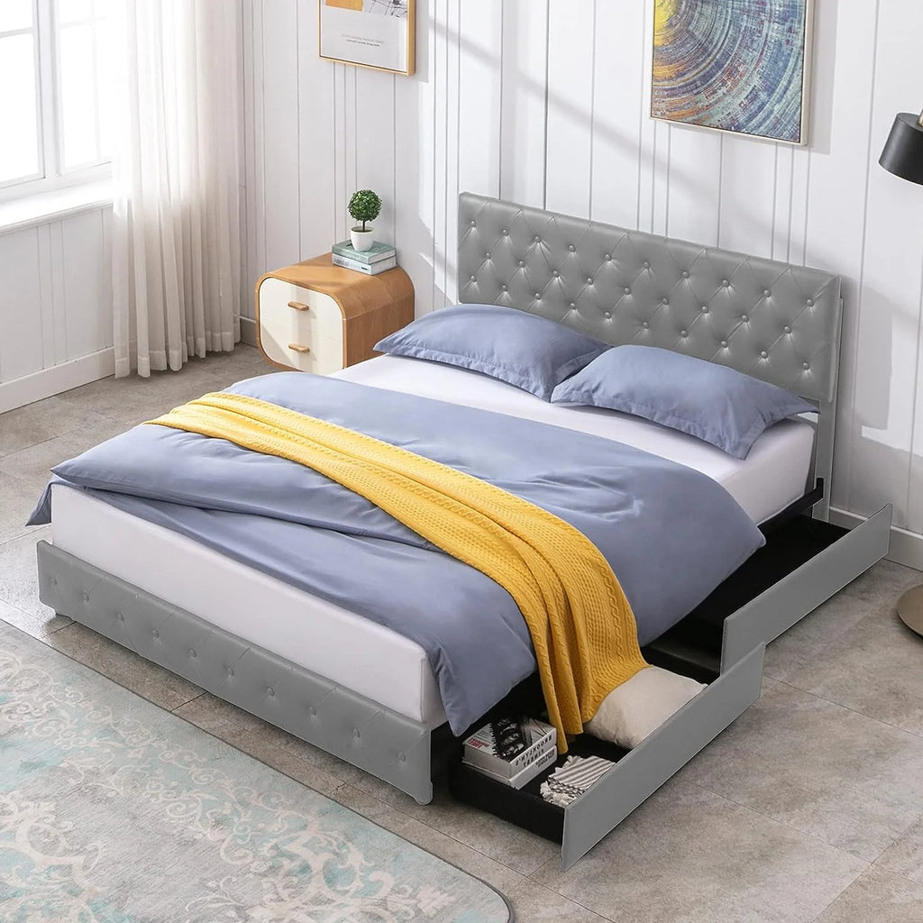 Upholstered California King Platform Bed Frame with 4 Storage Drawers R3821