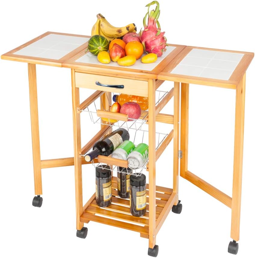 Rolling Wood Kitchen Cart with 2 Drawers and 2 Shelves O398