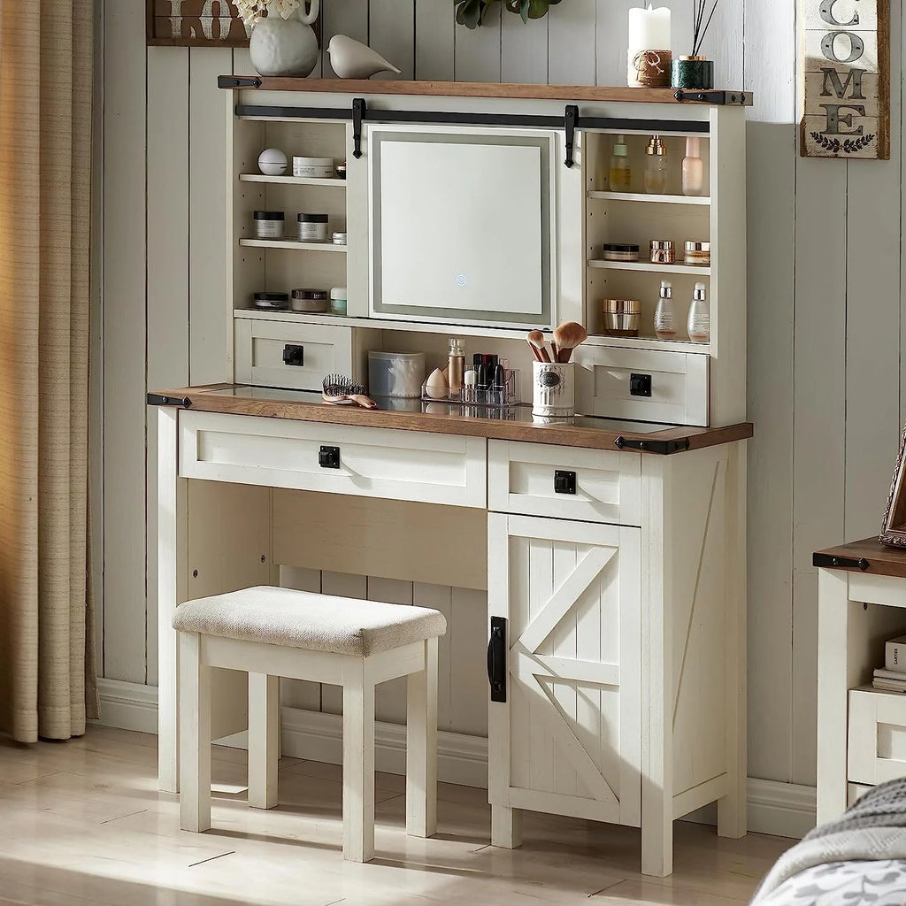 White Vanity Set with Sliding Mirror and Lights Y248