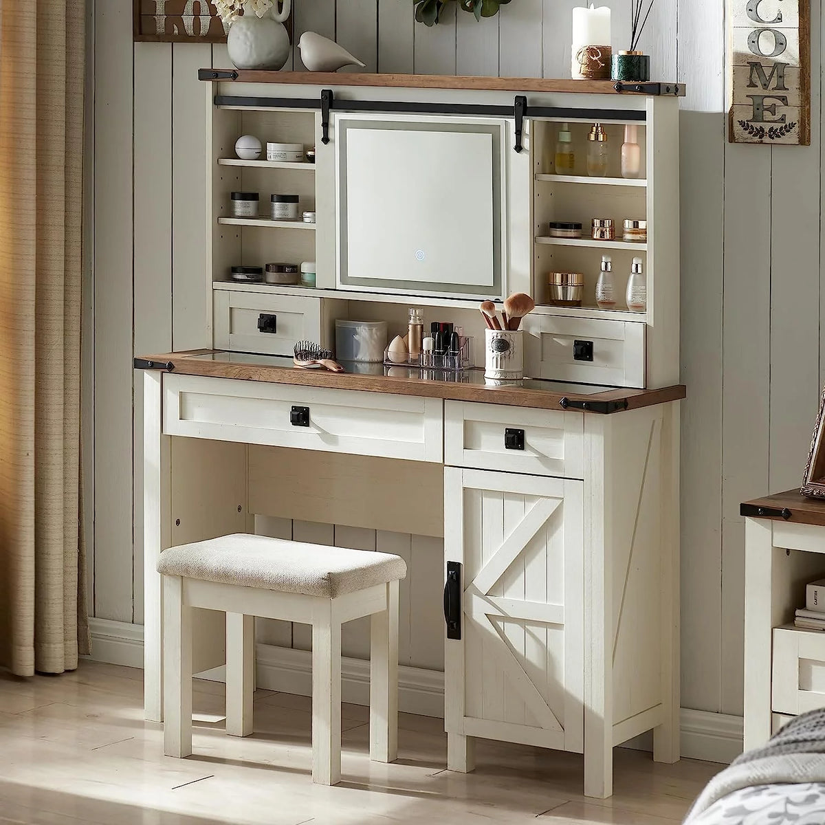 White Vanity Set with Sliding Mirror and Lights Y248