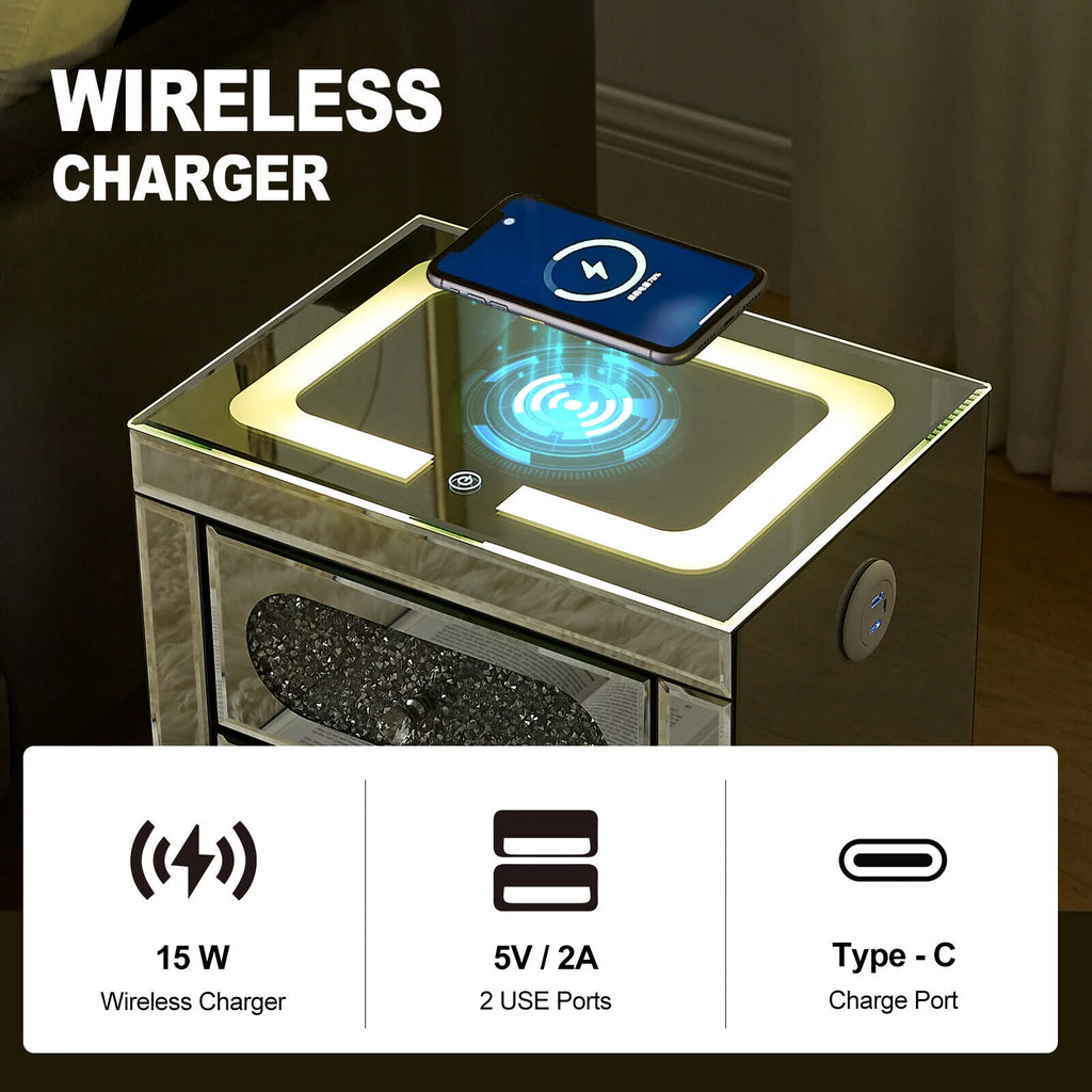 3 Drawer Mirrored Nightstand with Wireless Charging Station I112