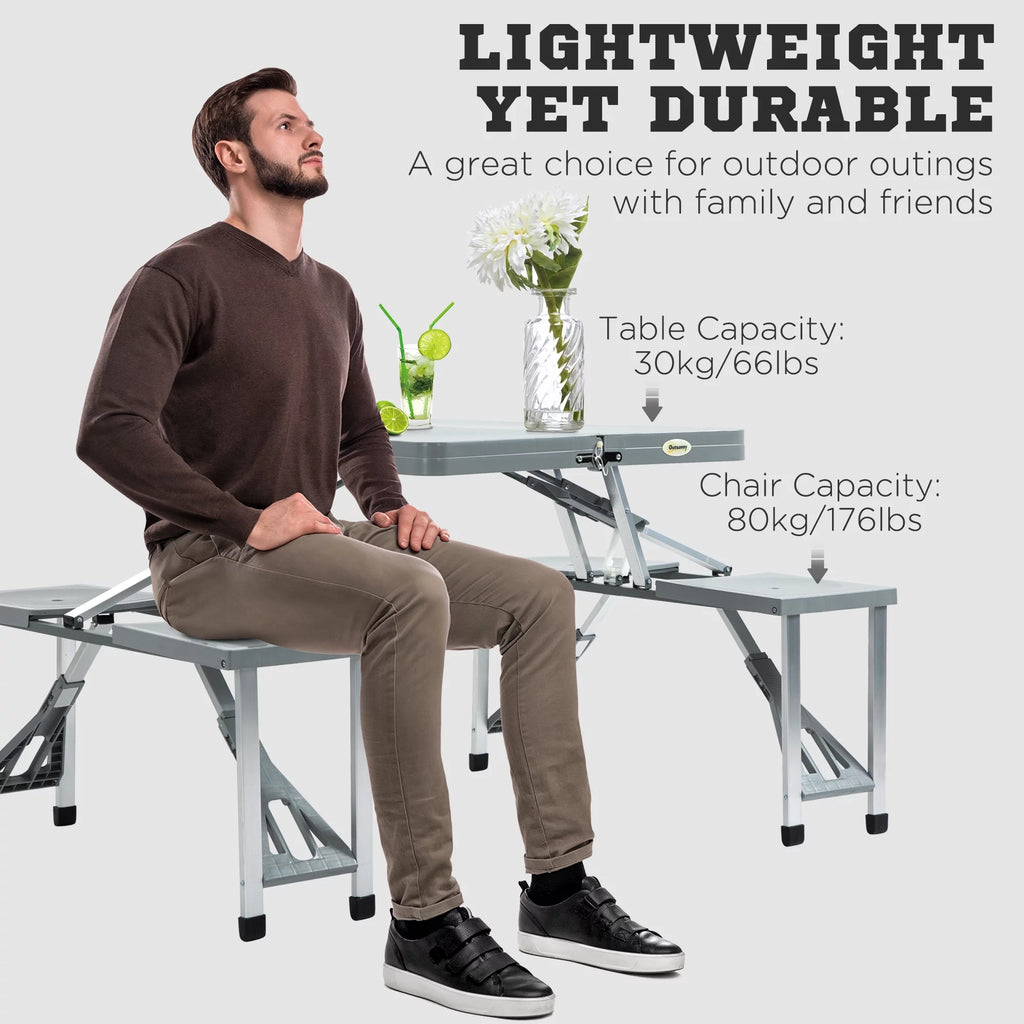 Blue 4-Person Foldable Camping Picnic Table with Seats and Umbrella Hole F138