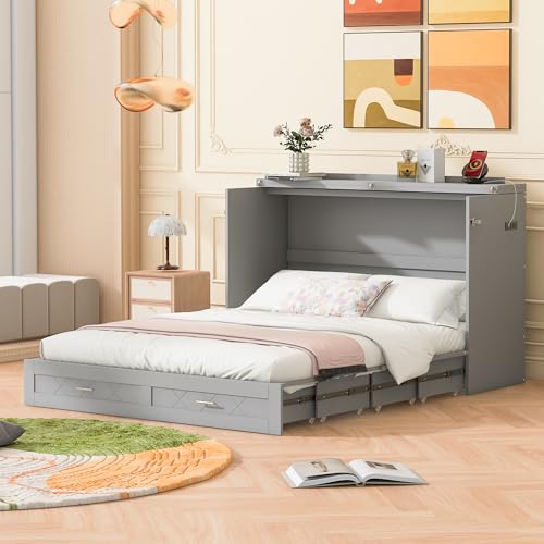 Queen Size Murphy Wall Bed with USB Charging Station and Storage Drawer L74993