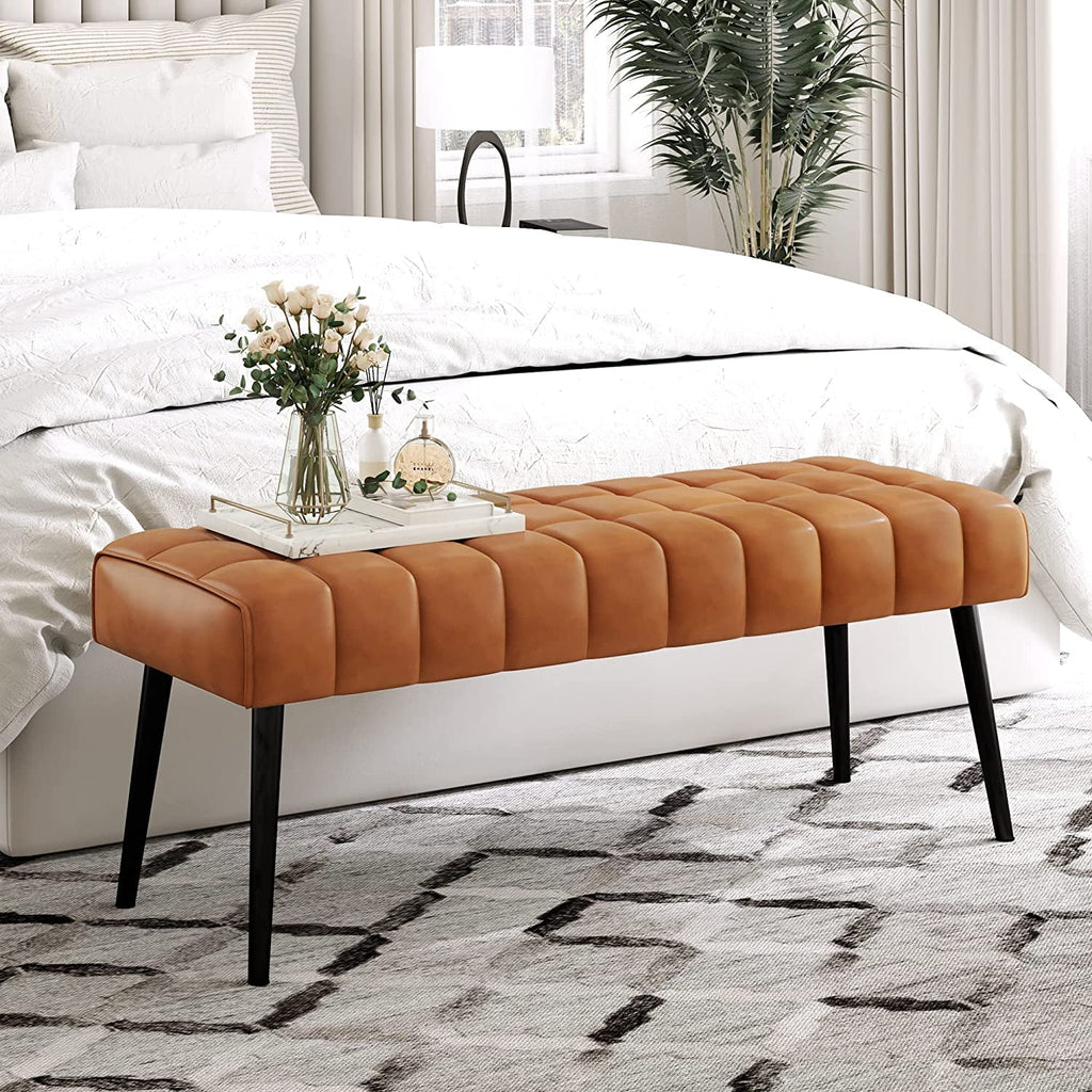 Leather Tufted Upholstered Ottoman Bench with Metal Legs G91159