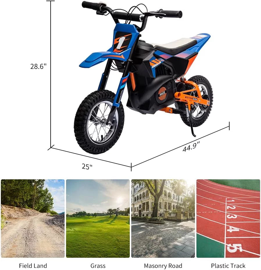24V Electric Off-Road Motorcycle 250W Motor 13.6MPH Fast Speed Motocross Leather Seat Dirt Bike Twist Grip Throttle Metal Suspension Air-Filled Tires for Kids Teens Age 13+ Blue S78307